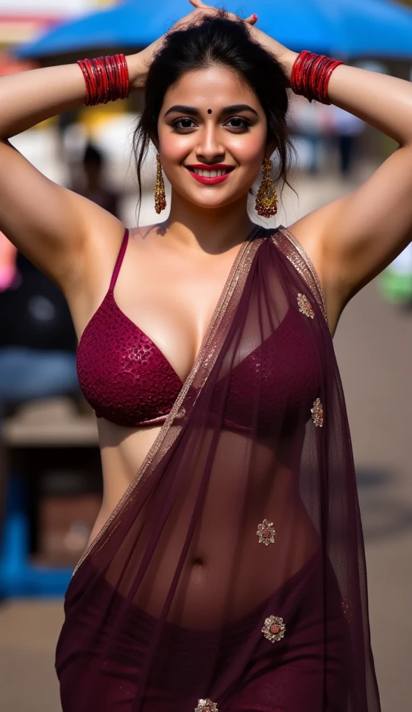 Both hands on head showing very dark hairy armpits,((best quality)), ((masterpiece)), (detailed), (beautiful realistic model), (SFW:1.5), Bindi on forehead, Wearing huge earrings ,Smiling sexy alluring face,Standing in a crowded fish market , Full body potrait,Standing pose,Wearing dark maroon transparent saree, wearing dark red sleeveless blouse,dark red lipstick on lucious lips,Hair bun,big large breast with deep cleavage, plenty red bangles in both hands, showing navel and sexy midriff, both hands stretched up Showing dark hairy armpits, voluptuous figure,perfect realistic face, sexy highly detailed face, blue eyes, Indian woman with features, (busty:1.7), (ultra sexy bimbo body:1.5),