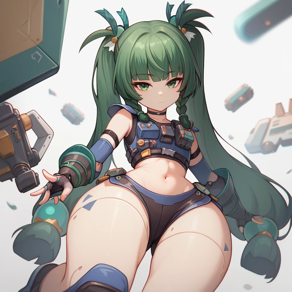 qingyi, green eyes, green hair, very long hair, twintails, blunt bangs, hair bobbles, side braids, hair ornament, robot joints, wide hips, big ass, thick thighs, fingerless gloves, black shorts, navel, choker, crop top, knee pads, elbow gloves, black sneakers, gauntlets, pov, expressionless 