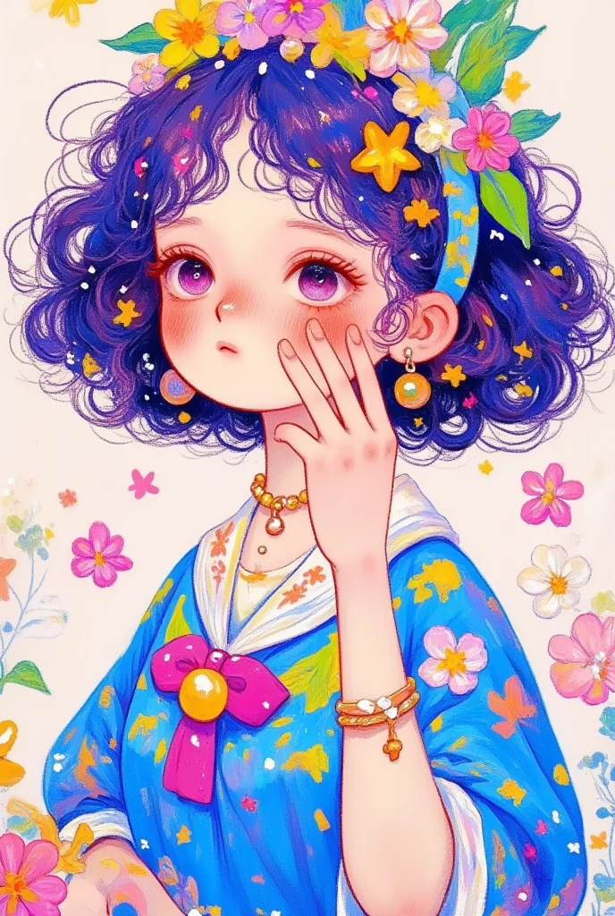 A painting， and draws a woman，She wears flowers on her head , artstrationTrend ,  was inspired by Cheng Yanjun ,  cute detailed digital art , Beautiful digital illustration ,  detailed digital anime art,  A beautiful illustration  , Digital Anime Illustration, 精致的数字插图, Lovely art style,  beautiful aesthetic art ,  A beautiful anime portrait , Painted face girl, 精美的动漫风格