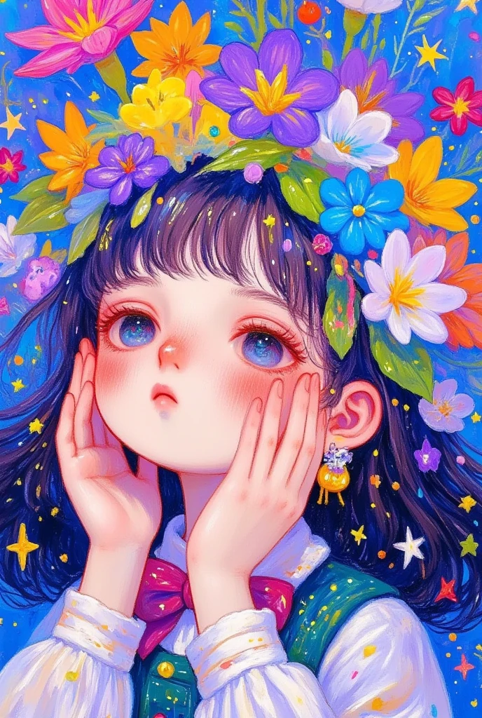 A painting， and draws a woman，She wears flowers on her head , A digital painting inspired by Cheng Yanjun, pixiv,  pop surrealism, artstrationTrend ,  cute detailed digital art , Beautiful digital illustration ,  detailed digital anime art,  A beautiful illustration  , Digital Anime Illustration, 精致的数字插图, Lovely art style,  beautiful aesthetic art ,  A beautiful anime portrait , Painted face girl