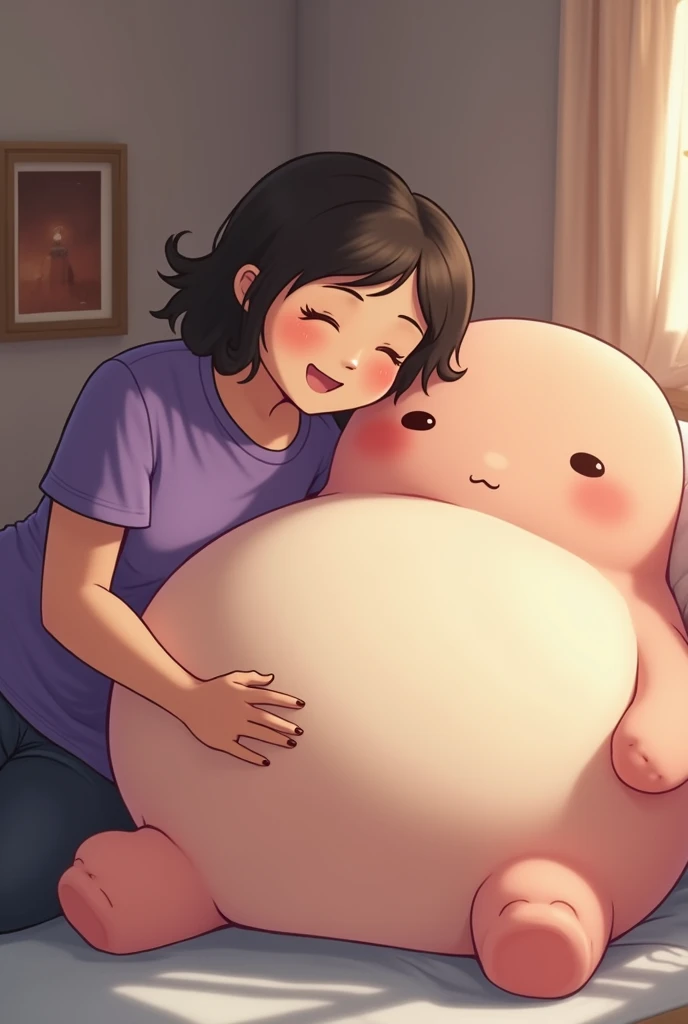 ultra detailed, masterpiece, best quality, solo, soft smile, light smile,
jaidenanimations, purple shirt, brown hair, white skin, colossal pregnancy