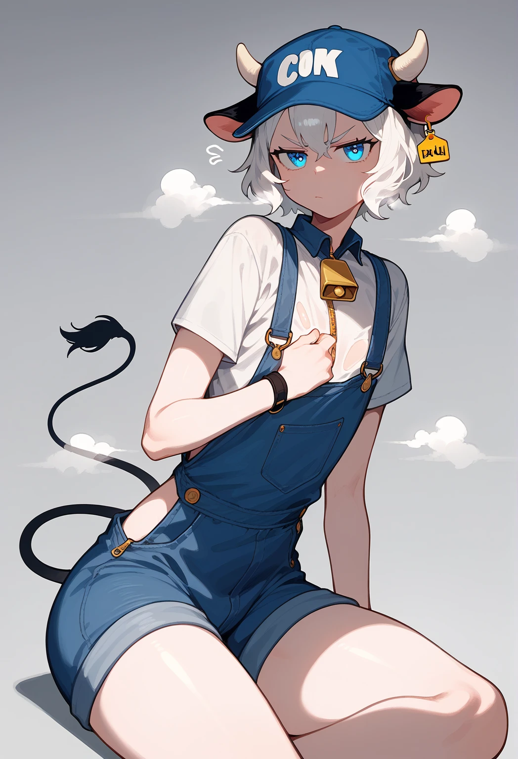 boy 1, cow ears, white hair, cow tail, black full overalls, cow tail, cow horns,blue eyes, short hair, straight hair, detailed background, background with details, reflections, shadows and lights, alone, red and gray background, femboy, annoyed, displeased,blue cap, work clothes, pin on chest, steam, sitting with legs open, showing the ass, cowbell, loose white shirt, pins, zipper on the overalls, 