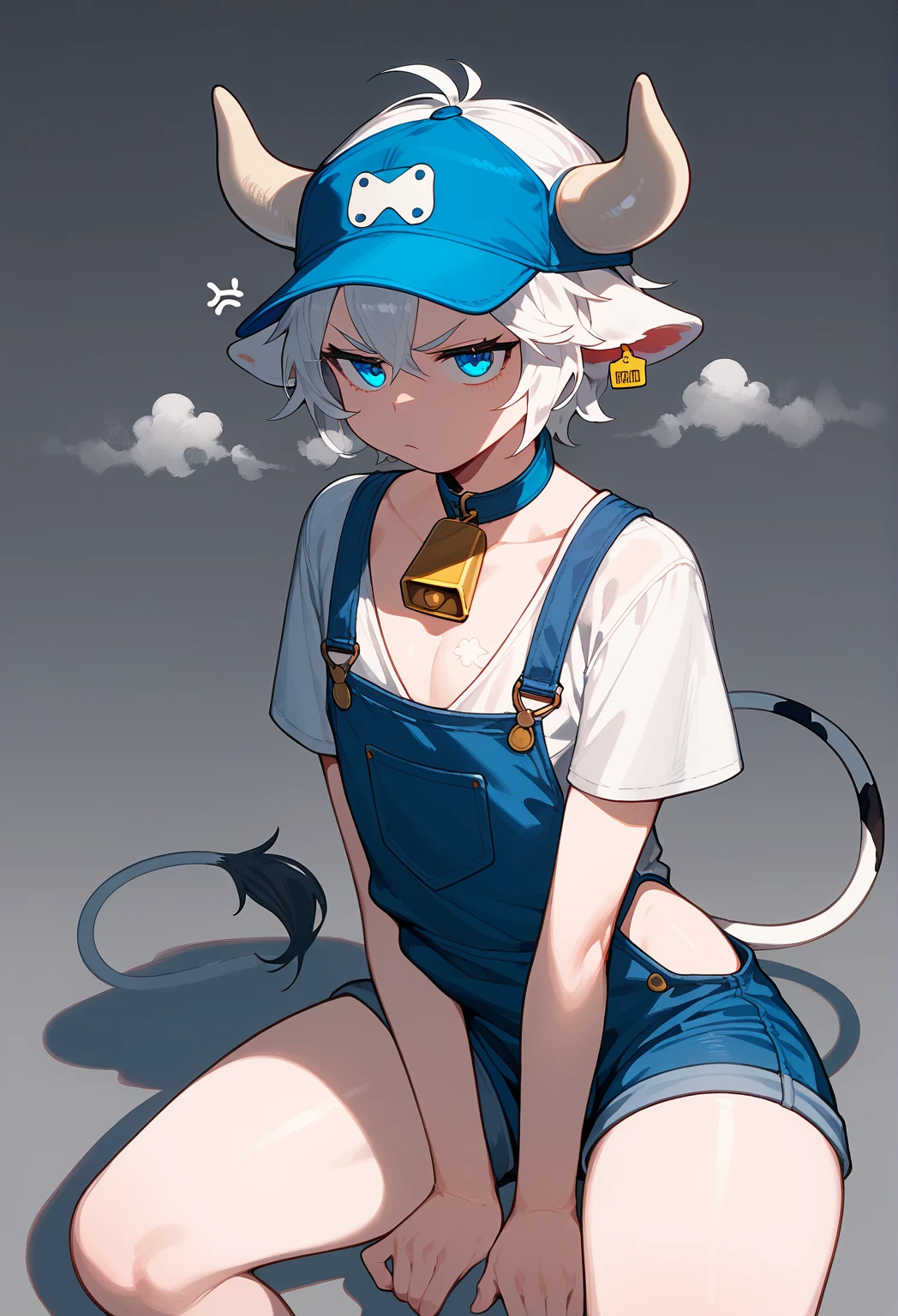 boy 1, cow ears, white hair, cow tail, black full overalls, cow tail, cow horns,blue eyes, short hair, straight hair, detailed background, background with details, reflections, shadows and lights, alone, red and gray background, femboy, annoyed, displeased,blue cap, work clothes, pin on chest, steam, sitting with legs open, showing the ass, cowbell, loose white shirt, pins, zipper on the overalls, 