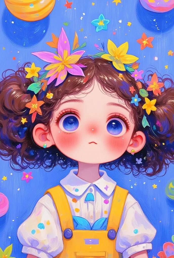 A painting， and draws a woman，She wears flowers on her head , A digital painting inspired by Cheng Yanjun, pixiv,  pop surrealism, artstrationTrend ,  cute detailed digital art , Beautiful digital illustration ,  detailed digital anime art,  A beautiful illustration  , Digital Anime Illustration, 精致的数字插图, Lovely art style,  beautiful aesthetic art ,  A beautiful anime portrait , Painted face girl