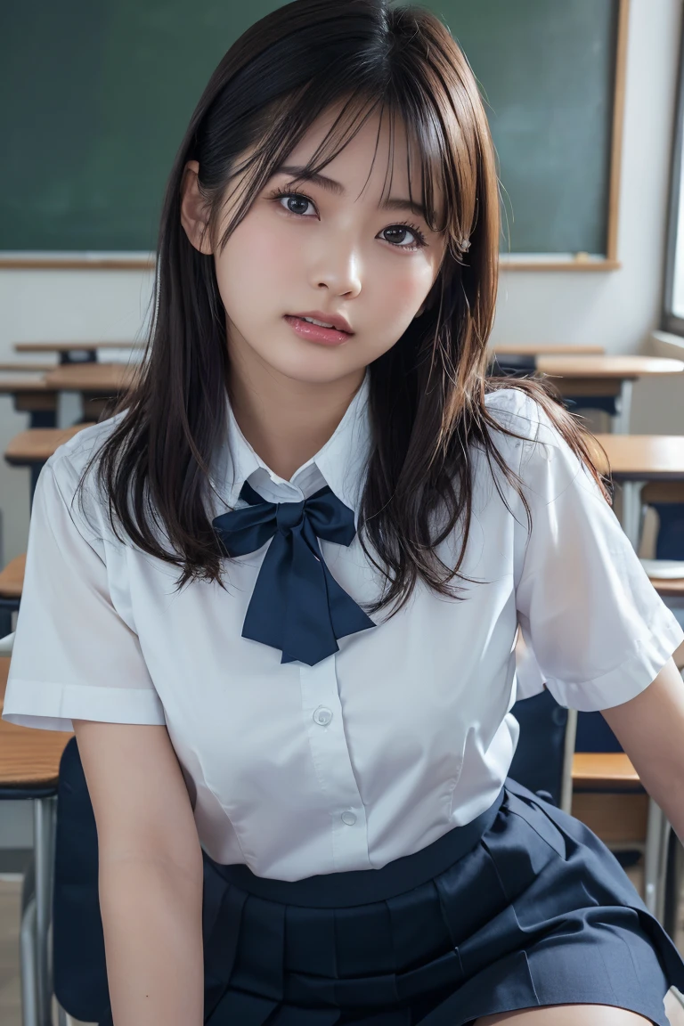 a closeup, masterpiece, top-quality, FULL ANATOMY、Raw foto, Photorealsitic, faces, unbelievable Ridiculous, 1 beutiful girl, cute little, shorth hair、depth of fields, hight resolution, ultra-detailliert, finely detail, ighly detailed, extremely detailed eye and face, Realistic pupils, foco nítido, Cinematic lighting、Small breasts that are about to bulge、(Petite bust:1.2)、Petite bust、 (Slimed、 An 18-year-old woman、Sexual facial expressions、sexy pose、 Wet body、Blushing、Sweating、Very embarrassed look、The face is bright red、Schoolgirl Uniform、Panties are visible from the skirt、Very detailed 8k wallpaper、Sheer white shirt、Button is detached、chest is disturbed、Red ribbon at collar.、Dark blue pleated micro mini、Show me your whole body、Plump panties、White Sox、((Lift the hem of the skirt、Lift the hem of the skirt with both hands、Lift the hem of the skirt yourself,、Show the camera a little bit of white silk panties))、standing with spread legs、Classroom、depth of fields、Bokeh in the background、Hairstyle with bangs、Shooting from the floor
