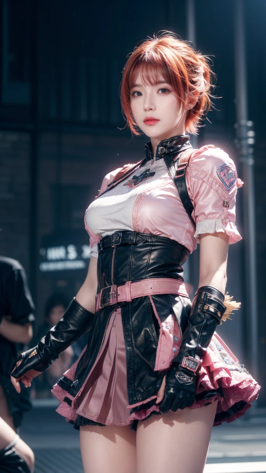 1 Girl,Cowboy shooting, Beautiful Nora_Valkyrie, Looking at the audience, Smile, short hair, blue eyes,heart motif, Gloves,  jacket, Pink skirt, Pink belt, Short sleeve, Puff sleeves, Single armband, fingerless Gloves, Orange Hair, pink Gloves, Dynamic poses, night, outdoor, City, (Volumetric Lighting), best quality, masterpiece, Intricate details, Tone Mapping, Sharp focus, Super detailed, Popular on artstation,