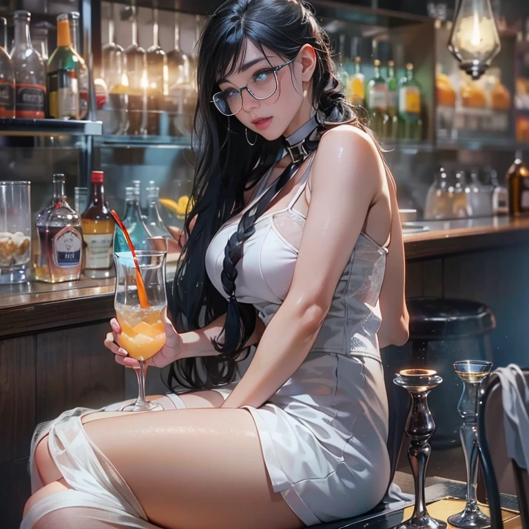 arafed picture of a beautiful curvy woman (Masterpiece 1.5, intense details), full body {Masterpiece 1.3, intense details}, sitting on a chair in a bar, sipping a cocktail, wearing white evening dress intricate details ((Masterpiece 1.5, intense details)), hiding the edge of white silk stocking (Masterpiece 1.3, intense details), vampiric fangs (Masterpiece 1.3, intense details), wearing high heels shoes, smirking, glasses, black choker (intense details) , make up, black hair, long hair, ponytail, very long hair, hair strand, hairpin, eye reflection, intense azure eyes, light makeup, shy, blush, photorealistic, gothic art, cinematic lighting, glowing light, silhouette, ultra-wide shot, from outside, Wide-Angle, Ultra-Wide Angle, 8k, highres, best quality, high details