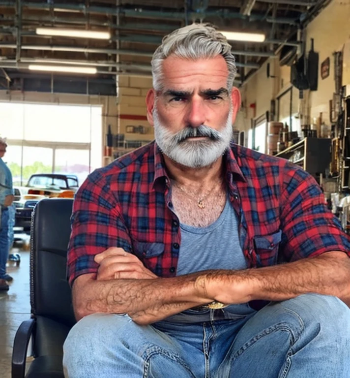 jim, mature white man , 60 years,  wearing a red and black plaid shirt and blue jeans, look very serious , thick eyebrows, big nose, barba,  gray hair , smoking pipe. 
 is looking directly at the camera ,  sitting on a chair in front of an auto repair shop . 