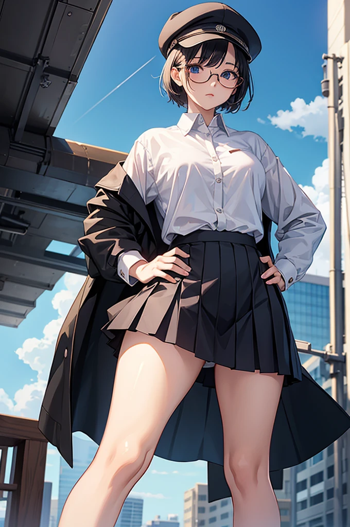 an anime character with glasses that is standing posed in a skirt with her hands on her hips, 1girl, underwear, panties, solo, glasses, hat, shirt, skirt, white shirt, wind lift, black-framed eyewear, short hair, long sleeves