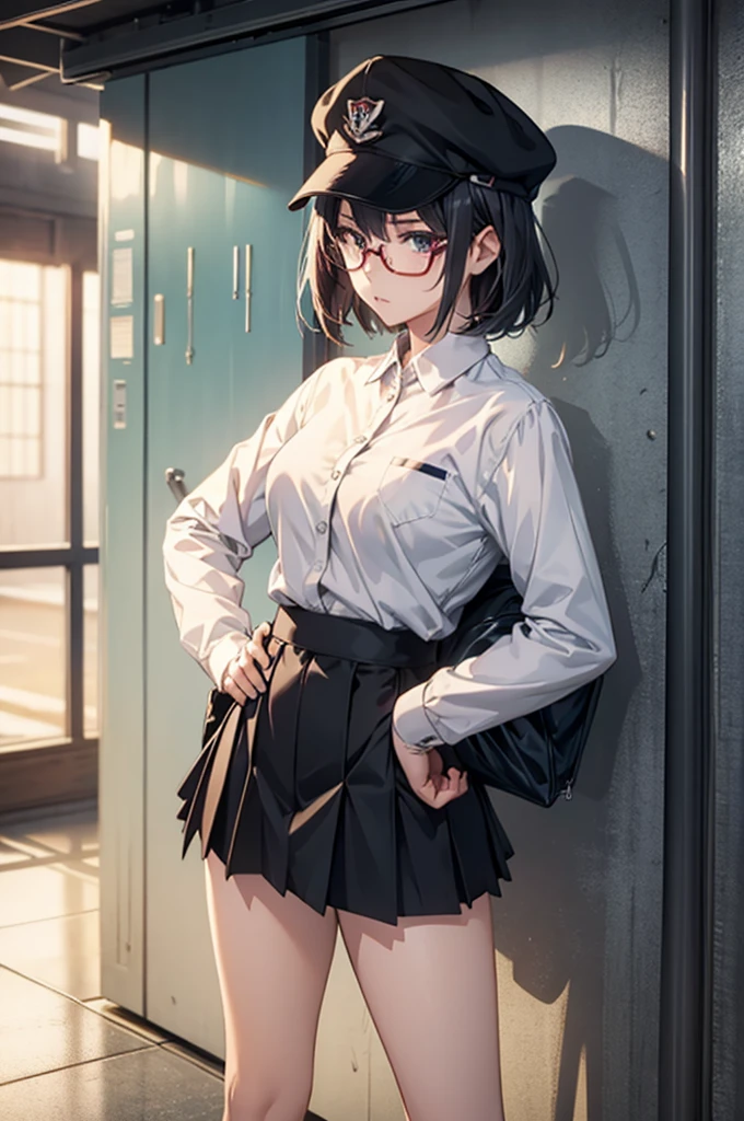 an anime character with glasses that is standing posed in a skirt with her hands on her hips, 1girl, underwear, panties, solo, glasses, hat, shirt, skirt, white shirt, wind lift, black-framed eyewear, short hair, long sleeves