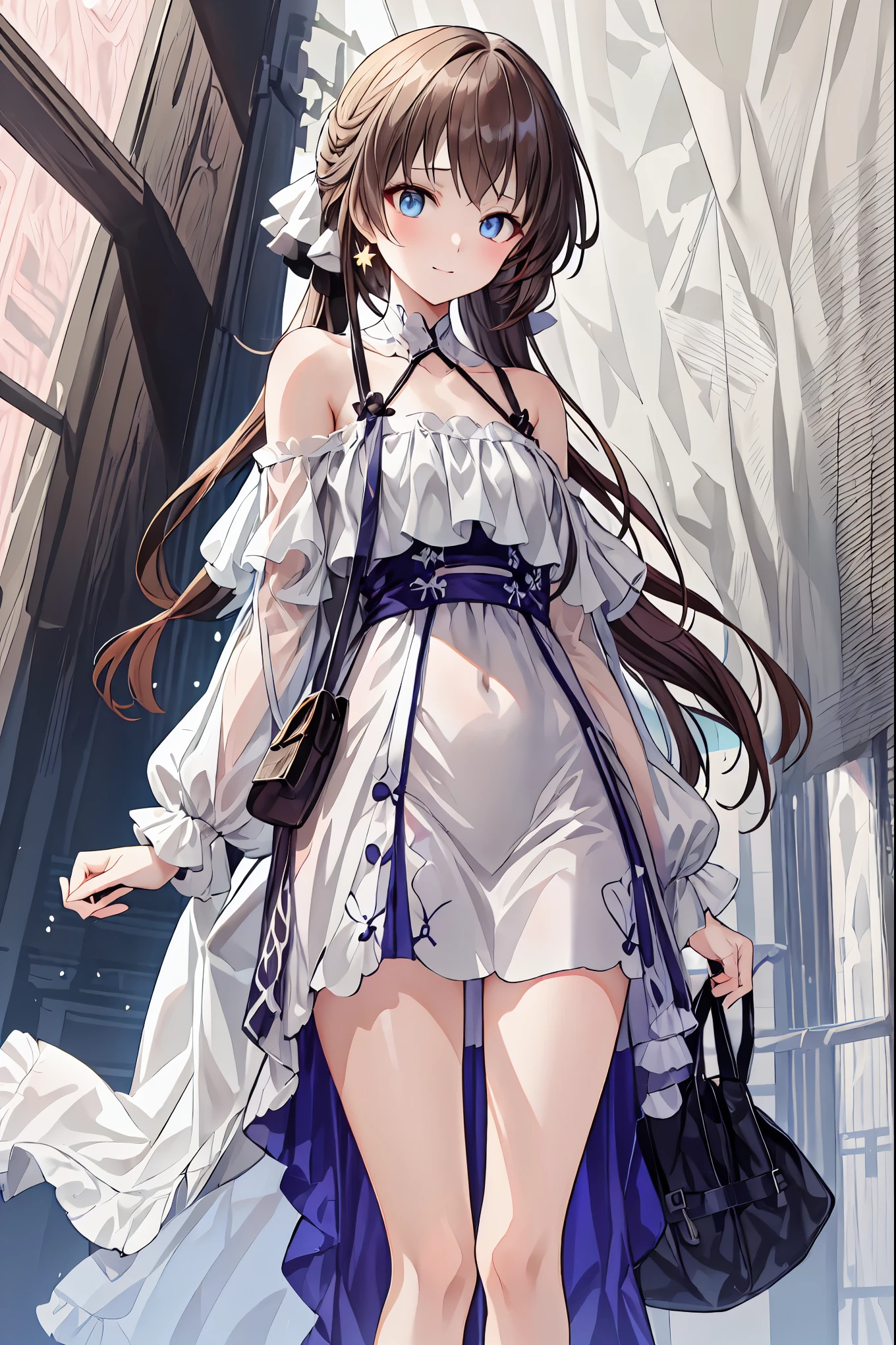  long dark-haired girl in a white dress，((  best quality )), ( very detailed), (  High Leg Cut ), 高いly detailed,  high-definition raw color photo ,  professional photo shoot, (((Bokeh))),  Written Boundary Depth, small breasts，Early summer sunshine ､Brown Hair， shortcut that doesn't shed bangs， unkempt hair，Short braided hair，Neat， slender beautiful，Correct posture，Small chest， beautiful legs， their enchanting gray-blue eyes are shining like stars，Droopy eyes， bright color, beautiful eyes,A delicate smile,Textured Skin, best quality best , gentle and beautiful woman , anime style､