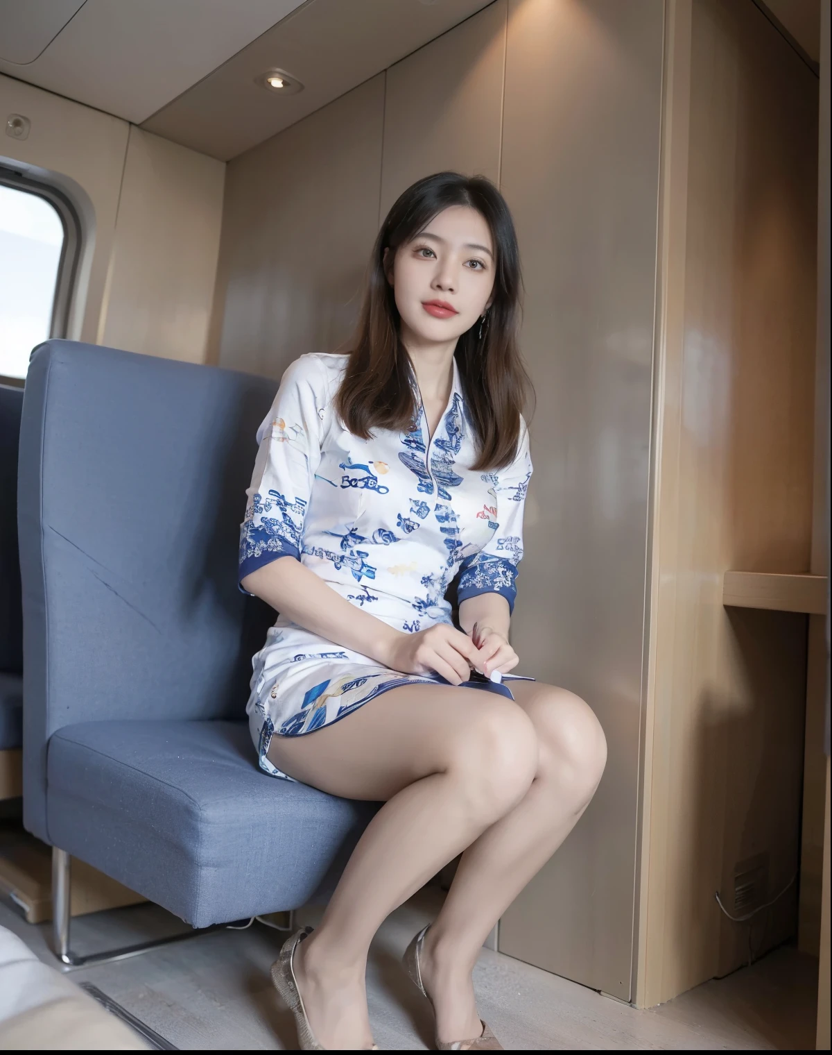  (【8k,  Best Quality , masterpiece:1.2), (realistic, Realistic:1.37), ( High color saturation:1.0),  ( High detail skin ), ( best quality:1.0), ( Ultra High Resolution:1.0) ,(realistic:1.0), ( super detailed:1.0), (【8k,  original photo:1.1)、 standing random pose , Smile, Natural Breasts, Perfect lighting, 3 girls, 24 years old, (mystery), Clear detail , ((Excellent _ Cabin attendant ,  Blue flight attendant _)),  Beige Socks , (Aircraft , Aircraft  seats),  cute face ,  squatting and picking up pen ,