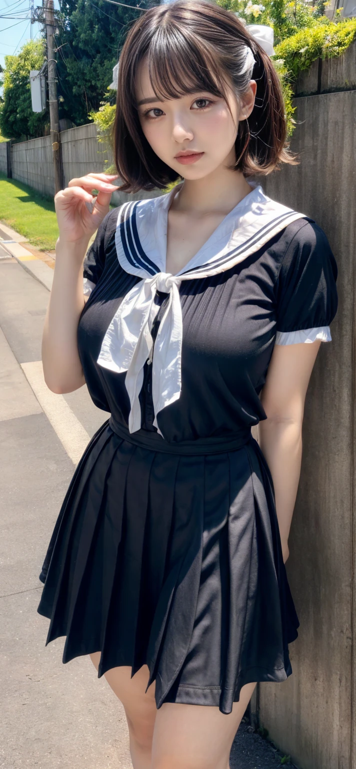 ((highest quality、8k、masterpiece:1.3)),((((fullbody shot)))),Ultra-high resolution,big eyes,Japanese,bangs,(a girl),(1 girl),((20 years old)),((facing at viewer)),(long hair),(((black sailor uniform))),grin,((sitting on chair)),(pleated mini skirt),(((black lace panties))),((skirt lift))