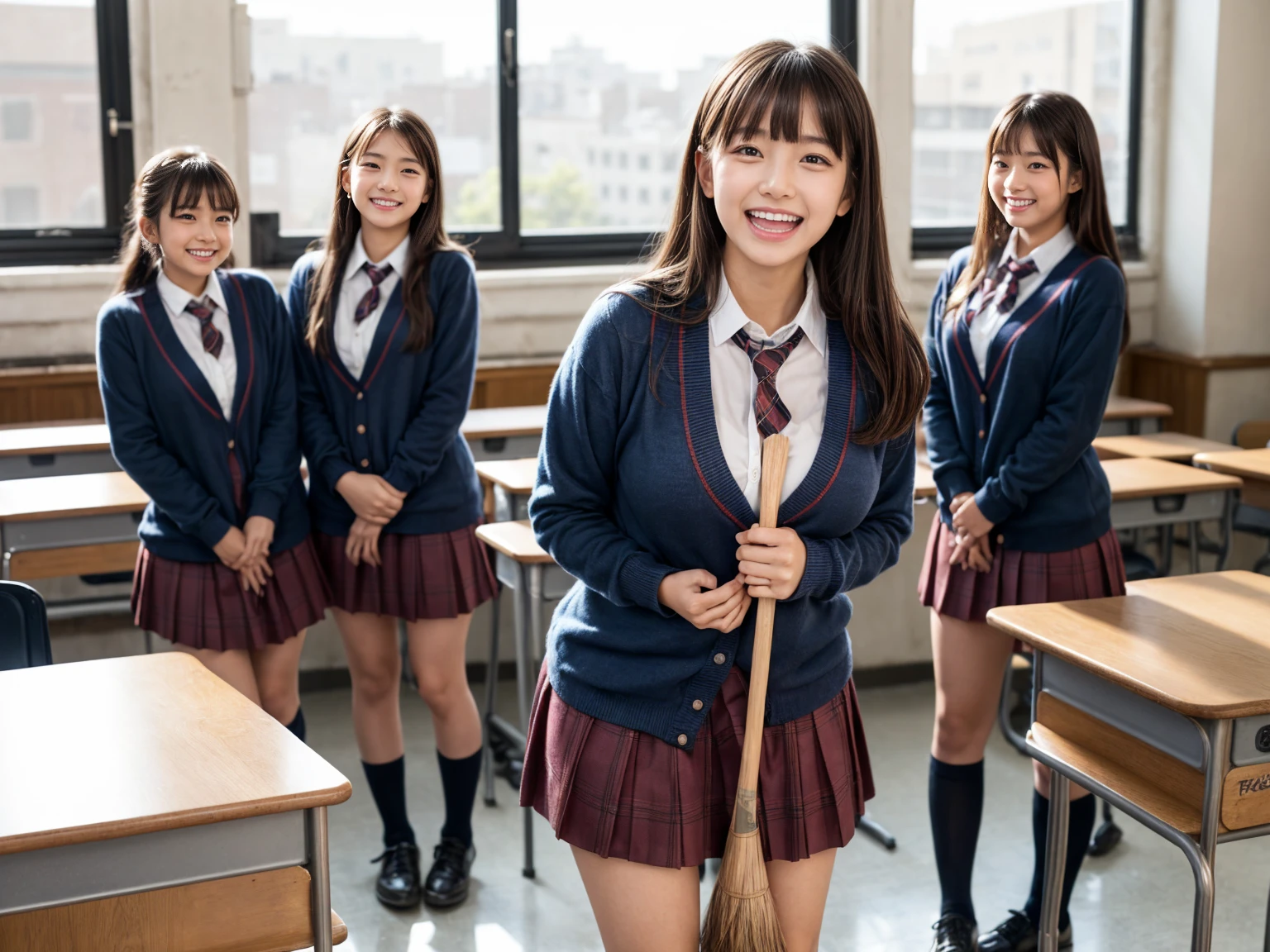  Masterpiece, best quality,8k resolution,  It's high definition ,   movie-like lighting  ,  octane rendering ,  super real , 4 creative high school girls in a school classroom ,(8 head and body ), ???? latino   ,we are wearing a Japanese uniform with a plaid ultra-short pleated miniskirt ,   cardigan, blouse,  ties,  Long brown hair, asymmetrical beautiful bangs ,   beautiful detailed eyes ,   has long eyelashes ,   glossy lips in the ruins of the city, beautiful face,Cute type,Baby Face,A little round face, natural makeup,  ( GROWING SKIN, I sweated a little.:1.2), (Well-balanced 、 with bigger ??????? and thighs), 4 people are doing well in the classroom  ,( standing on a desk etc , swinging a broom etc ,playfully laughing etc :1.3),(Each has a random pose , random position :1.3)