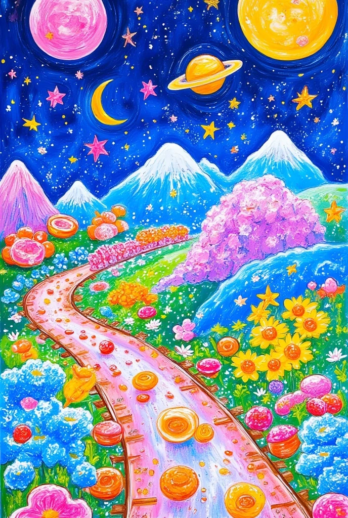 album cover, artist name, blue flower, blue sky, cloud, crescent moon, daisy, flower, food, full moon, hydrangea, leaf, moon, mountain, night, night sky, orange flower, pink flower, planet, plant, purple flower, sky, star \(sky\), starry sky, sunflower, traditional media, white flower, yellow flower