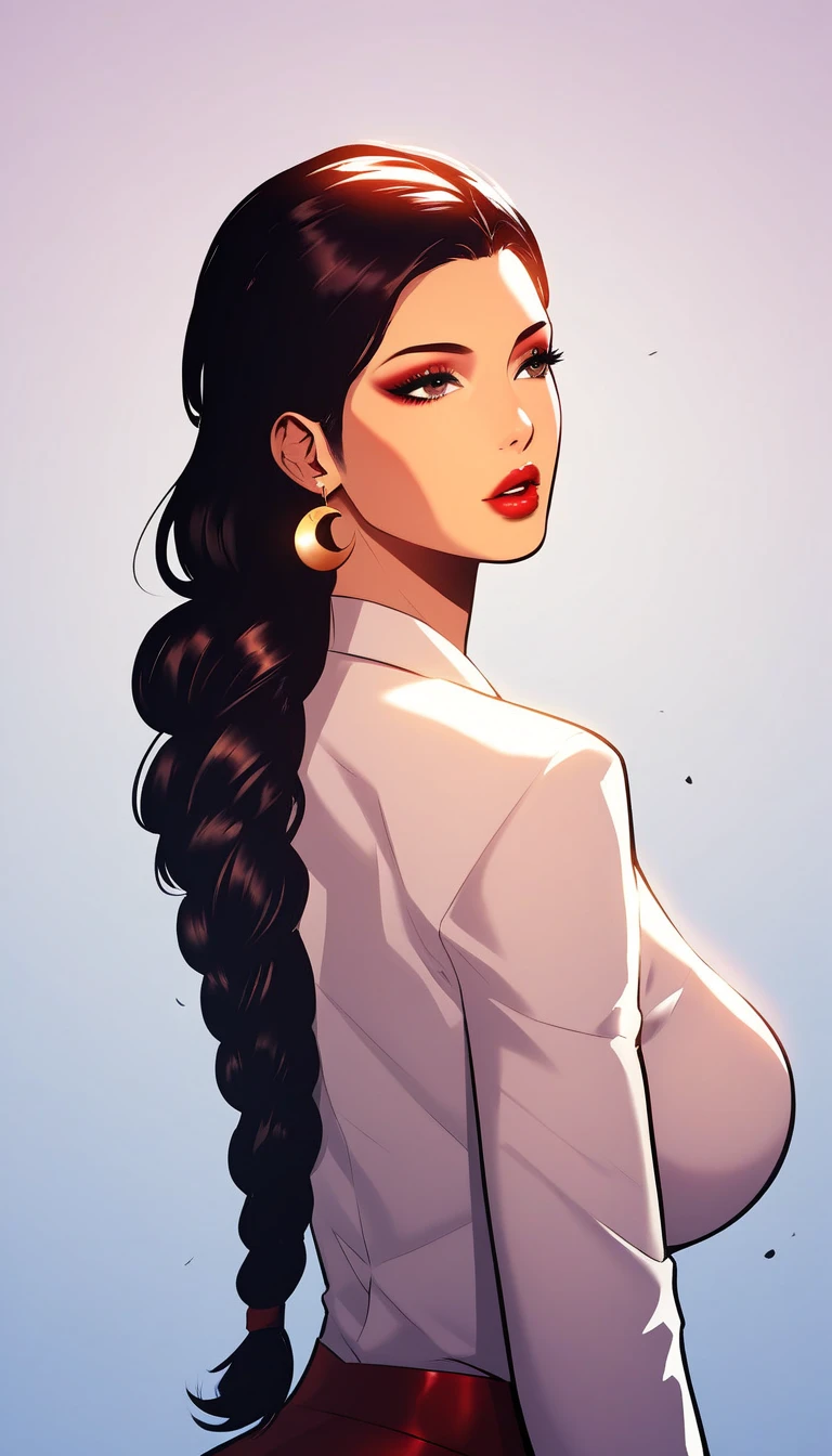 a beautiful woman with long braided hair, detailed facial features, red lipstick, crescent earrings, wearing a business suit with a low-cut neckline revealing large breasts, breasts bouncing up and down,  8K, masterpiece, high quality, cinematic lighting, dynamic motion blur, dramatic lighting,  elegant, fashion, glamour, makeup 