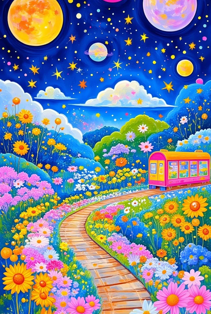 album cover, artist name, blue flower, blue sky, cloud, crescent moon, daisy, flower, food, full moon, hydrangea, leaf, moon, mountain, night, night sky, orange flower, pink flower, planet, plant, purple flower, sky, star \(sky\), starry sky, sunflower, traditional media, white flower, yellow flower