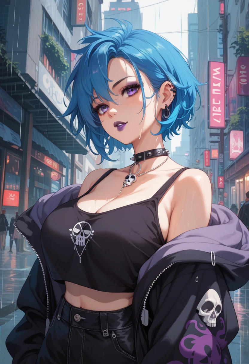 emo girl with layered blue hair and dark purple lipstick, wearing an oversized hoodie with a skull graphic, large breasts, waist-up, set against the backdrop of a rainy cityscape