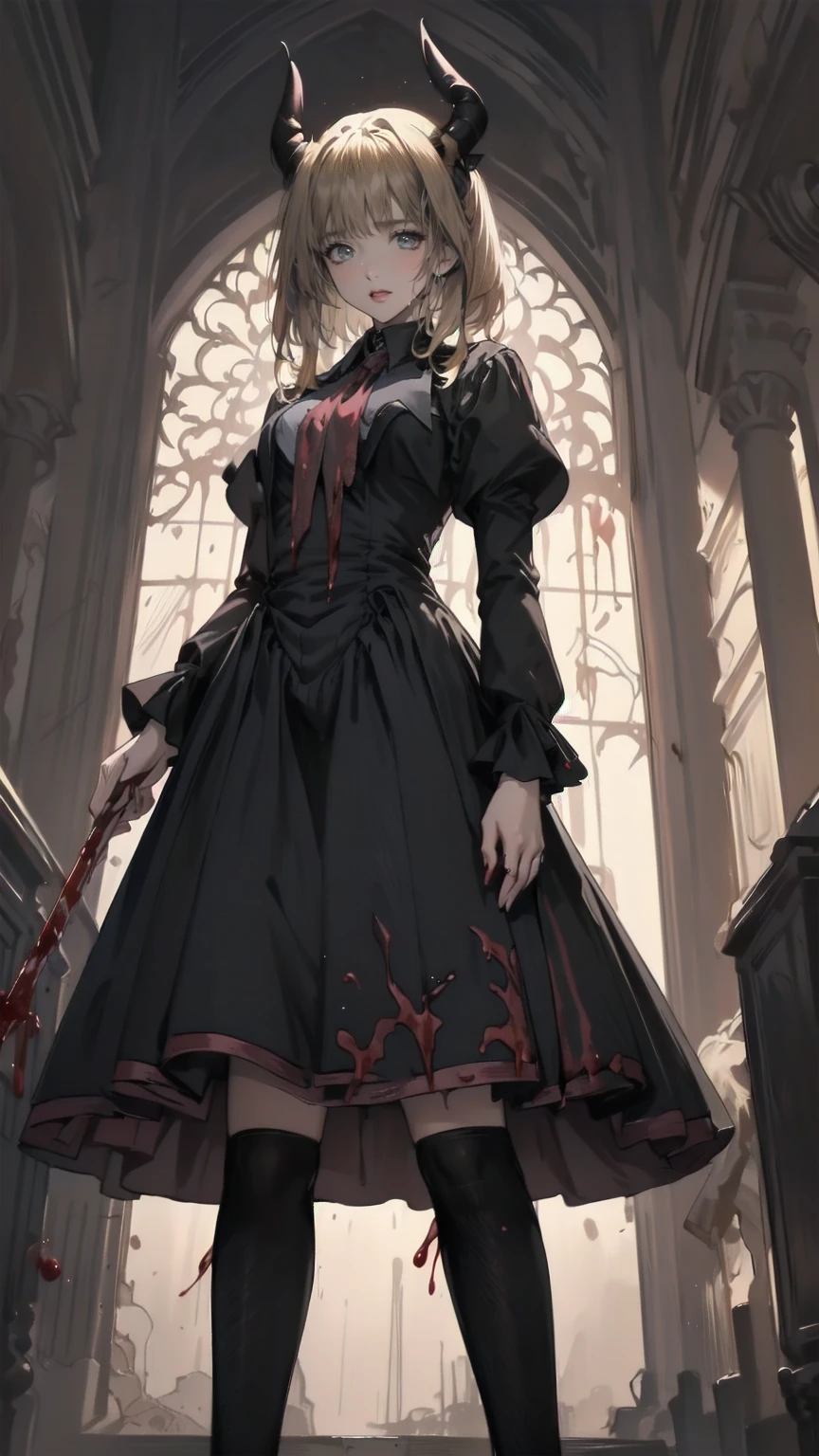 Shadowy Face　、 arms 、Watch viewers with a scary expression 、beautiful girl、とてもcute天使、 Pink Gothic Fashion 、cute、、smile、 long skirt、 BLACK LONG BOOTS 、.(  best quality ,4K, high definition ,  Masterpiece :1.2),  very detailed ,Realistic:1.37, Spooky altar background ,Dark fantasy,Red Scheme ,Ominous atmosphere,Eye-catching,story,anatomy, Anime Style ,  concept art,beautiful細部までこだわった顔と (((red eyes ))),A terrifying ritual ,Satan's Ritual ,Premature death,Inappropriate behavior,狂ったsmile,Scythe Face,Girl Monster, beautiful,  delicate facial features,  sharp eye,  sharp fangs, pale Skin, Dark Background,  movie lighting, Dramatic Shadows,  gothic,  Being in a Dark Atmosphere , Dark fantasy, 1 person&#39;S,  please open your mouth wide , Please open your mouth and peel your fangs  , Beastly Sharp Teeth , Wide lips, Very big mouth,  red cheeks , ,( Blood Splatter :1.4),Scary smile, smile, angel design , TwiSted smile、Bloody、Head bleeding,,,,,、 Blood Splatter 、,( Blood Splatter :1.4), skull bones,devil&#39;s gun,Horror Style, (( Fantasy Sweet Taffle Ruffle Pink Costume)), ((  flowing blond hair  )), ,( Blood Splatter :1.4),Female Curves,  sexy flat stomach ,  Perfect Hand , Perfect anime face, (Pink Tata Dress)),  standing, ((悪のsmile)), ,( Blood Splatter :1.4), Steam circulation, Moonlight Illumination, night lighting, ( Blood Splatter :1.6),アニメ angel design , TwiSted smile、Bloody、Head bleeding,,,,,、 Blood Splatter 、,( Blood Splatter :1.4),  skull bones,Gothic architecture、Western architecture、  fantasy world  、,Victorian city, Skeleton Gas Light, absurd,  high definition 、 (( Table Top )), ((  best quality )), (  very detailed な), ((  very detailed )), (beautiful), ((cute)), Alone,(:1.6)、(world&#39;最も恐ろしく気味の悪いdevilの女の子:1.5)beautiful face、 Full Body Esbian、pale, beautiful肌、beautiful金の髪、smile gently、Dark building ruins、(snow white&#39; ruffle dress:1.3)、( Dark Ruins Are Stained with Blood :1.3)、 full body shot、(少女は血の海の中に standing:1.5)、(The ground :1.3)、( that girl lost a ton of blood ....:1.3)、(狂ったsmile:1.6)、Spirit、( Blood Dripping from Mouth :1.3)、
