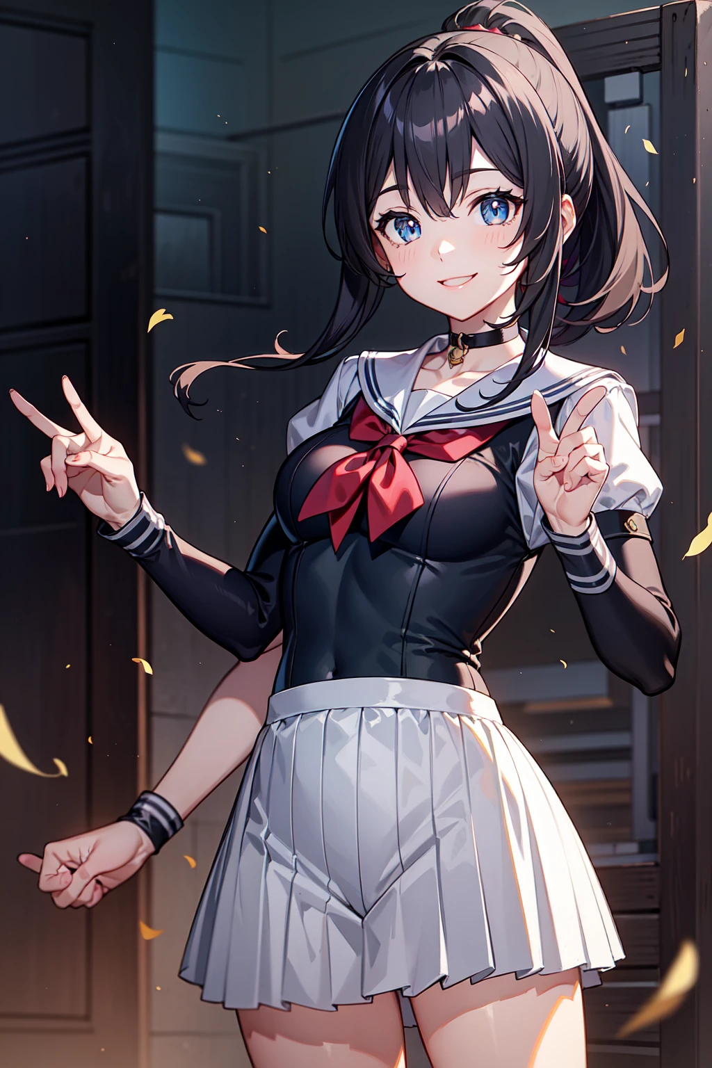 masterpiece， best quality ，masterpiece， best quality ， Official Art，Highly detailed CG unity 8K wallpaper，Traditional_media， black hairバンド， Use a comma next to  ， black hair， blue eyes， small breasts，smile,  ponytail ,Straight on, slit pupils ,Seraph, smiles,Making a peace sign, sailor suit ,Female student