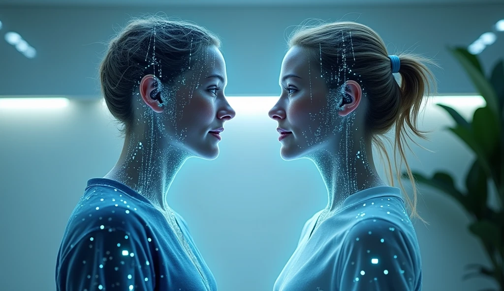 Design an image depicting a person communicating with their future self. Incorporate futuristic elements, such as advanced technology or an older version of the person, to highlight the forward-looking and aspirational aspect of this interaction."