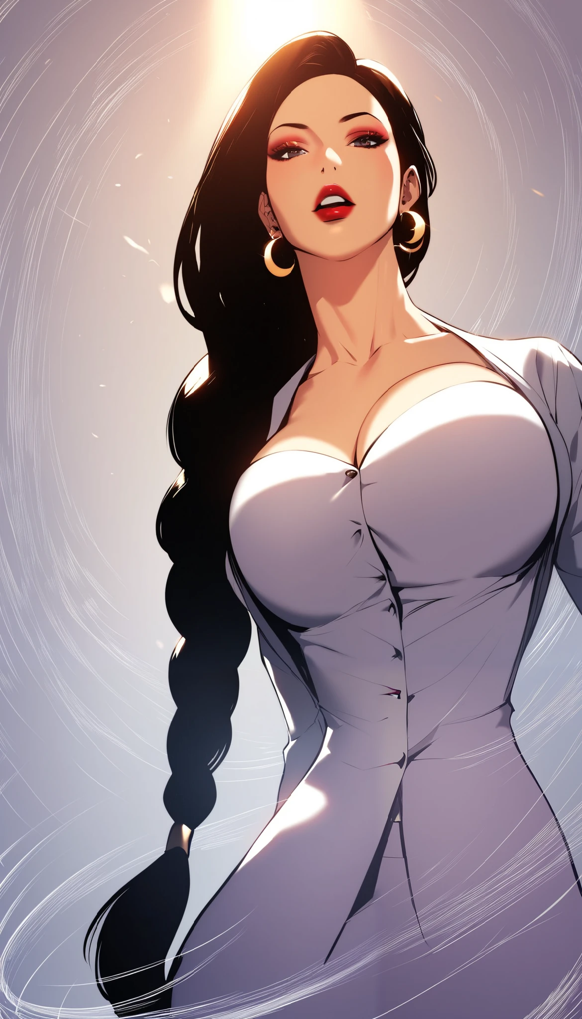 a beautiful woman with long braided hair, detailed facial features, red lipstick, crescent earrings, wearing a business suit with a low-cut neckline revealing large breasts, breasts bouncing up and down,  8K, masterpiece, high quality, cinematic lighting, dynamic motion blur, dramatic lighting,  elegant, fashion, glamour, makeup 