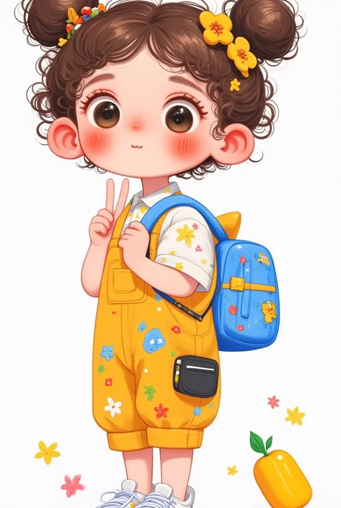 (masterpiece,  best quality :1.2),  cartoon character design。 1 girl,  unique ， big eyes，  cute expression  ，Two buns，a floral blouse，Jumpsuit， White Sneakers ，Standing，interesting，interesting， clear lines