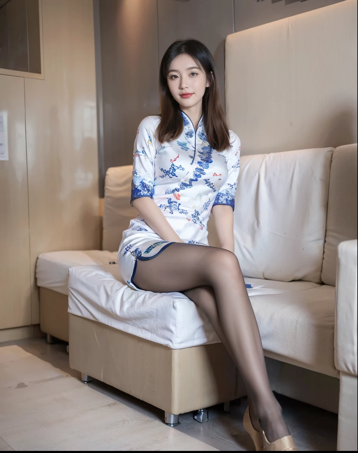  (【8k,  Best Quality , masterpiece:1.2), (realistic, Realistic:1.37), ( High color saturation:1.0),  ( High detail skin ), ( best quality:1.0), ( Ultra High Resolution:1.0) ,(realistic:1.0), ( super detailed:1.0), (【8k,  original photo:1.1)、 standing random pose , Smile, Natural Breasts, Perfect lighting,  1 girl, 24 years old, (mystery), Clear detail , ((Excellent _ Cabin attendant ,  beautiful flight attendant _)), Stewardess cheongsam ，Flight attendant costume ， Beige Socks , (Aircraft , Aircraft  seats),  cute face ,  slim figure，Model figure， demure sitting ， sweet smile ， face the audience