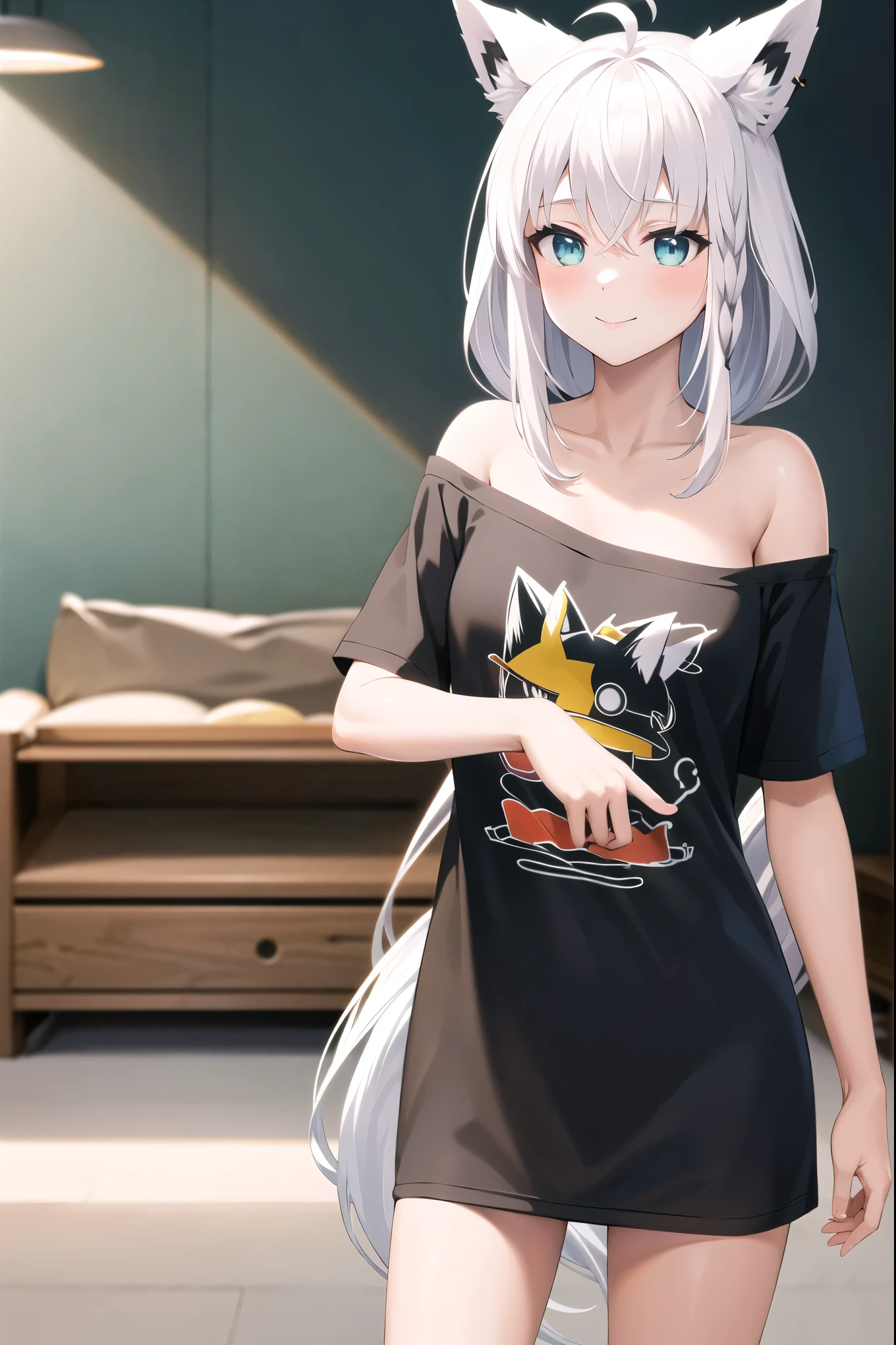 Masterpiece , best quality, high definition , ggfbk, long hair, Ahoge, animal ears , foxtail , chest, clavicle, off shoulder, Bare shoulders, T-Shirts, Printed shirt, black shirt , Short sleeve, No pants, Bare legs, standing, smile, cowboy shooting, indoor, living room,