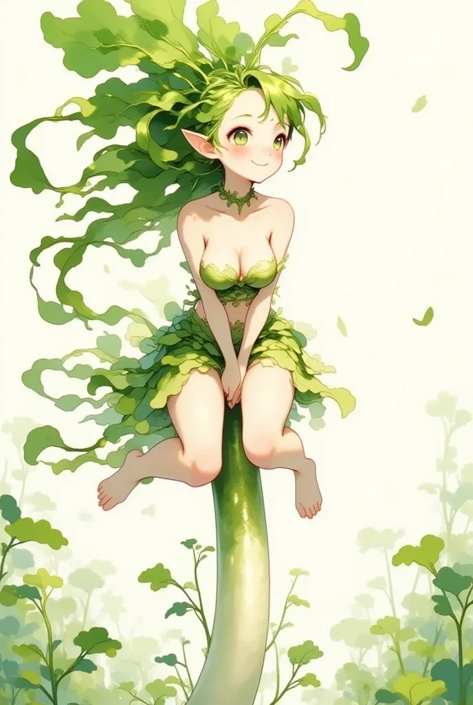 Super realistic illustration, Cinema 4D rendering, 1 daikon lady, solo, detail face, detail eyes, beautiful eyes, straddling a long daikon, legs apart, smile, green leaves long hair, green eyes, beautiful eyes, pointy ears, breasts, Cleavage, green tube top, navel, mini skirt, bare foot, simple background