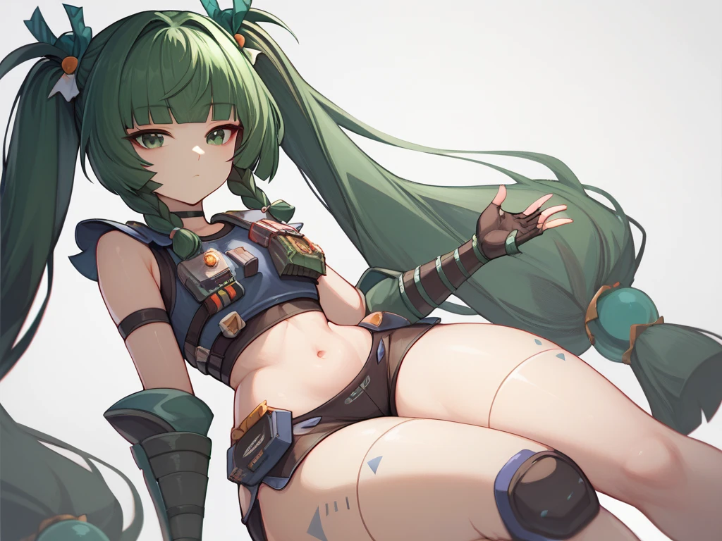 qingyi, green eyes, green hair, very long hair, twintails, blunt bangs, hair bobbles, side braids, hair ornament, robot joints, wide hips, big ass, thick thighs, fingerless gloves, black shorts, navel, choker, crop top, knee pads, elbow gloves, black sneakers, gauntlets, expressionless, highlight thighs, looking at the viewer, out of frame