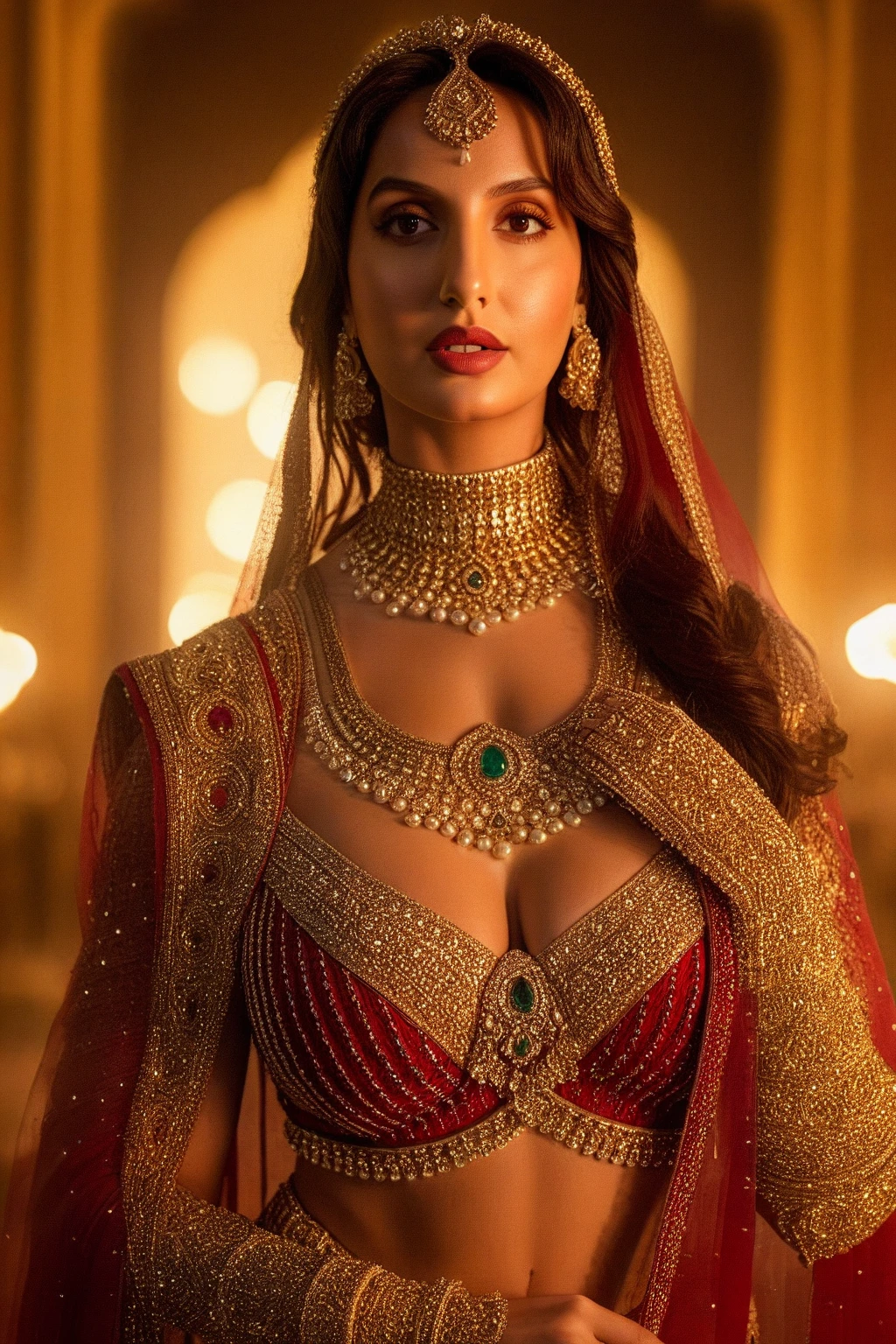 1 girl , looks like Nora Fatehi, indian queen, jewels, eyes, nose, lips, gold, bold women, queen costume, mature women, curvy, extremly gorgeous, Courage, surrounding full of people, boss lady, order, cleavage costume, photoreal, 200mm, f/ 1.8, historical design costume, highly detailed, surreal, sexy, beautiful, powerful women, enchantress, red and golden costume, hyper detailed, cinematic lighting, drama, indian touch, golden hour, foreground, historical king hall, portrait photography, hyper realism, nora fatehi,