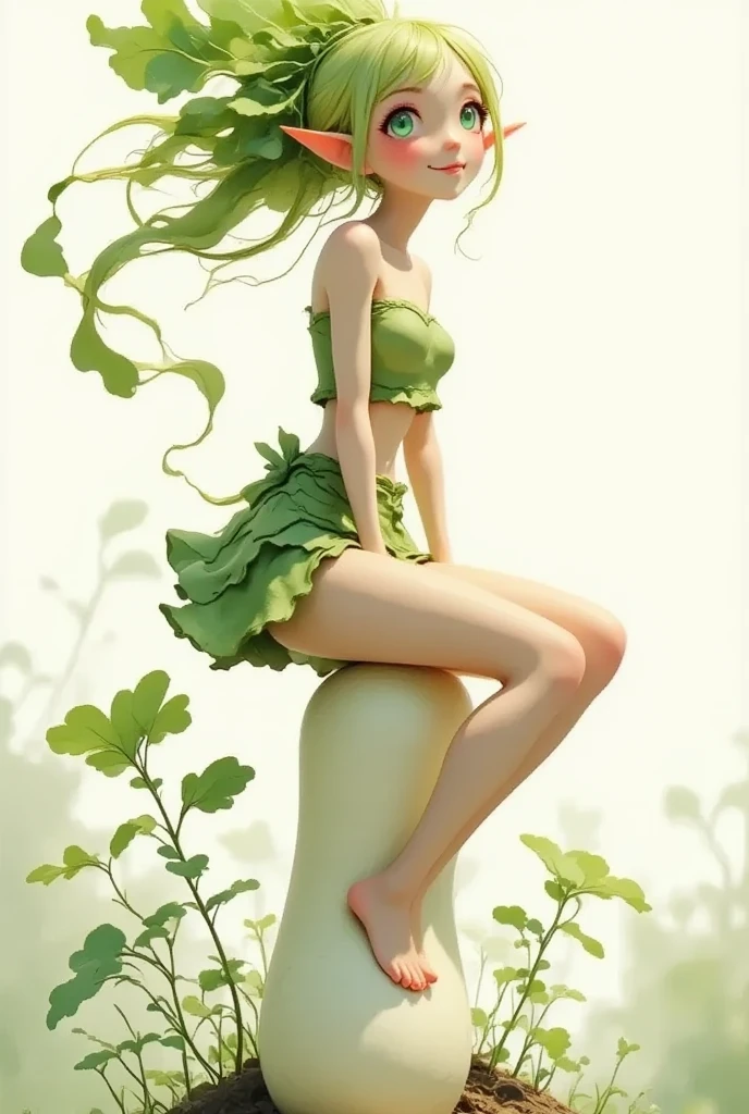 Super realistic illustration, Cinema 4D rendering, 1 daikon lady, solo, detail face, detail eyes, beautiful eyes, straddling a long daikon, legs apart, smile, green leaves long hair, green eyes, beautiful eyes, pointy ears, breasts, Cleavage, green tube top, navel, mini skirt, bare foot, simple background