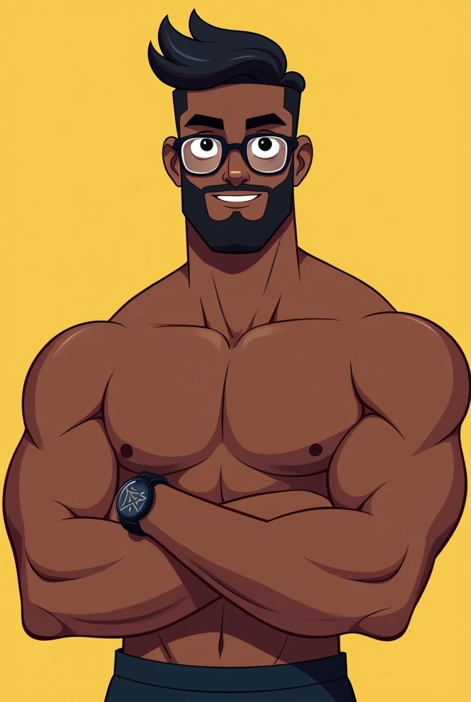 (masterpiece, intricately detailed, highest resolution, best quality:1.2),a cocky African American male model,a 21 y.o muscle stud with a muscular physique sitting on a chair with black eyes,dark-skinned male, huge beard, mutton- chops, wearing a fancy superhero suit, bracelets, necklace, jewelry, flaccid penis, intimidating, little smirking, saggy balls,hairy chest,vascular,muscle striations,soft light,fantastic realism,