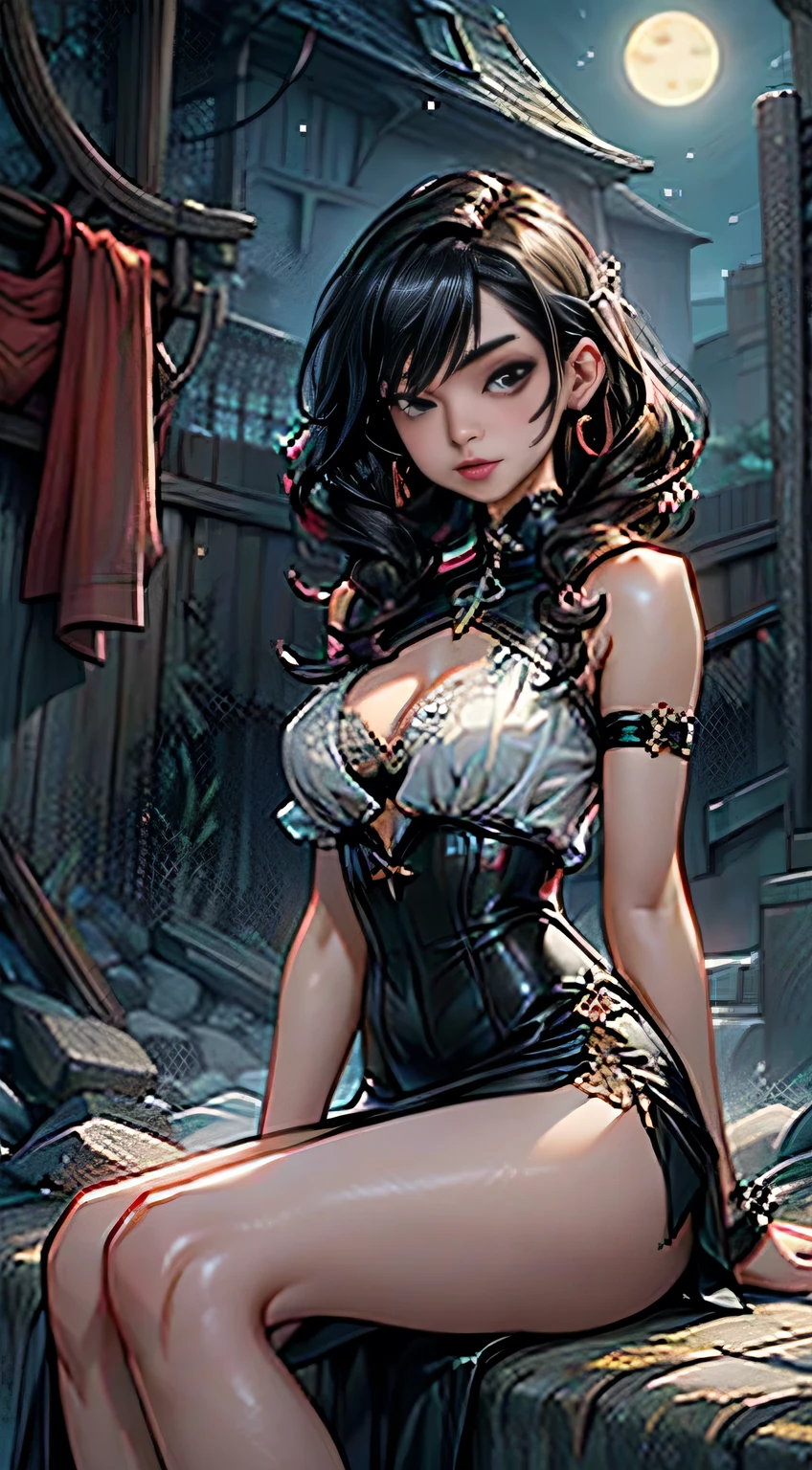Masterpiece, Best Quality, perfect breasts, perfect face, perfect composition, UHD, 4k, full body, NSFW                                                                                                                                                                                                                             maid girl with extremely cute and beautiful black hair ,  large breasts pturned eyes ,beautiful detailed eyes,finely detailed beautiful eyes ,big highlight on eyes ,slanted eyes , fat , lustrous skin ,bright skin ,skin tanned,shiny skin,very shiny skin,shiny body,plastic glitter skin,exaggerated shiny skin,illuminated skin,wet legs , spider lower abdomen,narrow waist,wide hip,athletic body,inflated legs,delicate detailed fingers,detailed body,human hands,  detailed face , cute,slutty,seductive,erotic, nsfw , zettai ryouiki,  maid headdress ,maid uniform,Headdress, maid ,sleeveless,mini skirt,boots,cleavage cutout,bare legs,clothes with a lot of lace frills, wet clothes,detailed outfit,detailed clothes ,  dynamic pose ),solo focus,embarrassed,blush,sweat, tears,open mouth ,moist eyes, centered,scale to fit dimensions,Rule of thirds , cyberpunk city by the ocean at night, with bright neon signs and dark stormy clouds and puddles,

