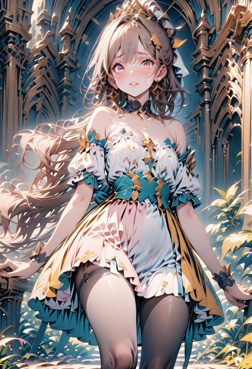 (high definition symmetrical image), angle from below, (female, round face, smiling, small breasts, focus on breasts)), drooping eyes, blush, blond, braid, complex designed clothes around breasts and legs, (((art nouveau and impressionism))),