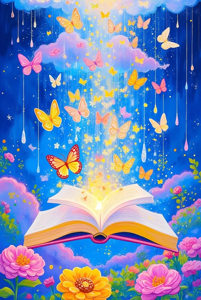  a book with words flying out ,  butterflies in the sky ,  and raindrops falling on an open page .  pink clouds above ,  flowers surround the bottom corner .  A brightly colored acrylic painting , A fantasy ,  and an imaginative scene super detailed, 8K,  HD.