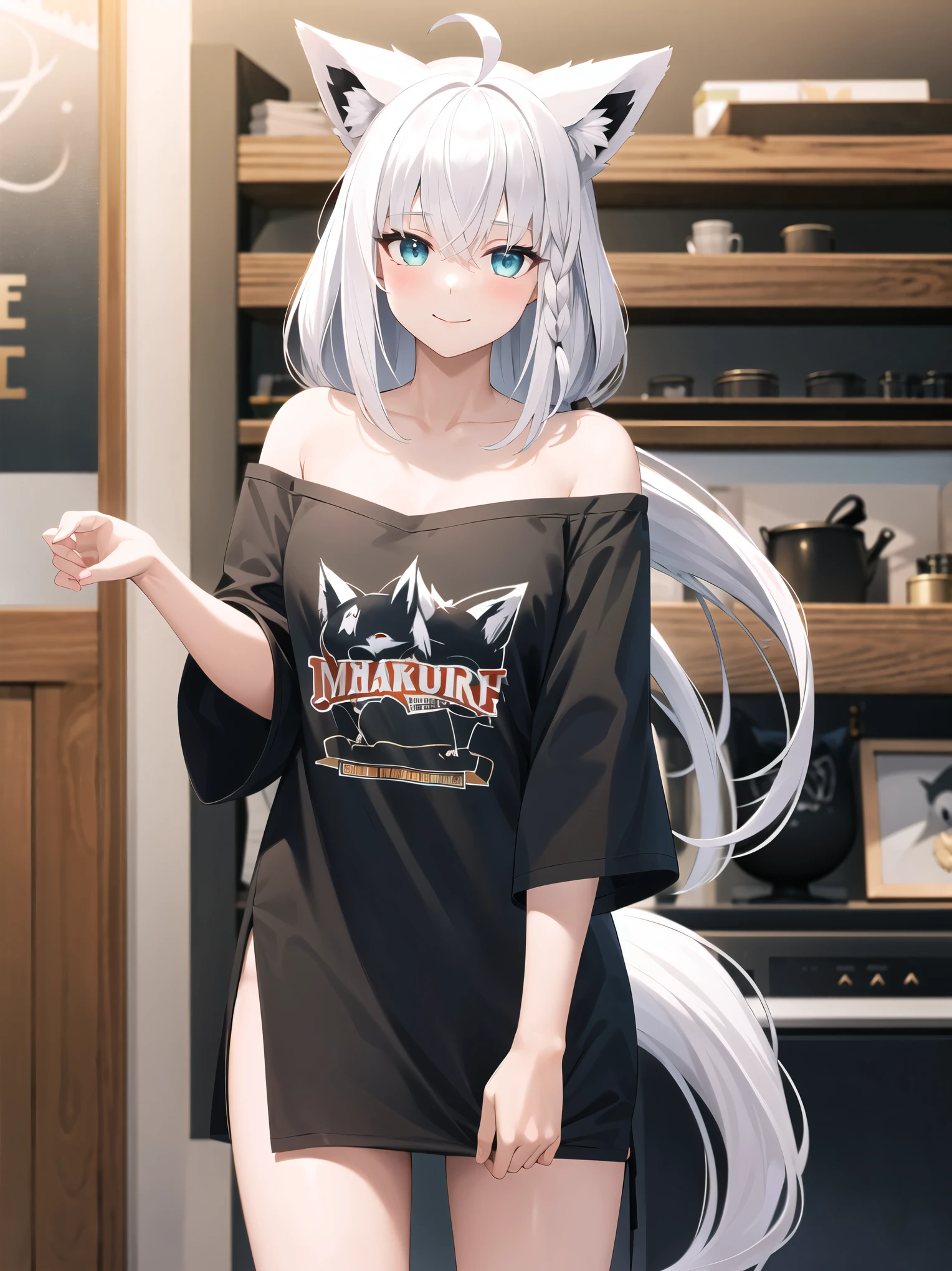 Masterpiece , best quality, high definition , ggfbk, long hair, Ahoge, animal ears , foxtail , chest, clavicle, off shoulder, Bare shoulders, T-Shirts, Printed shirt, black shirt , Short sleeve, No pants, Bare legs, standing, smile, cowboy shooting, indoor, living room,