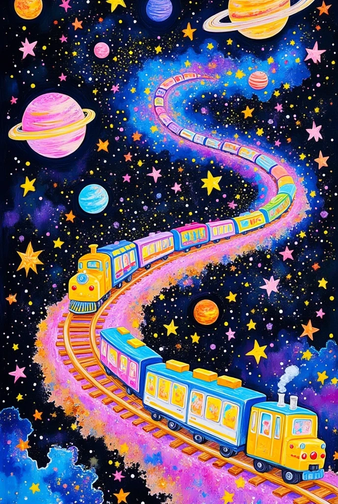   depicts the whimsical train journey of the planets and stars through space,  depicts planets and stars on its path , The colorful acrylic paint 