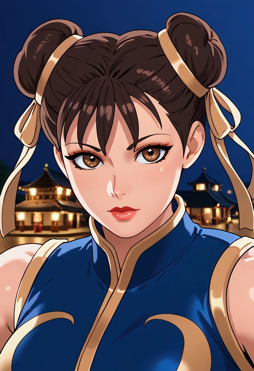 ((masterpiece,best qualtiy)),1girl,solo,ChunLi,upper body,beautiful night street background