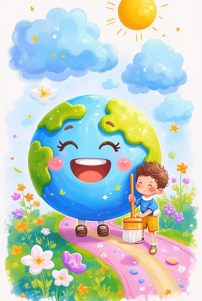 A cute cartoon illustration shows an earth with a smiling face holding a broom and doing spring cleaning in the center on a clean background. A young boy is sweeping around it. The road leading to the planet Earth has green grass and flowers growing along its sides. In front there is a sky blue with white clouds. Two birds are flying over in the distance. In the style of watercolor