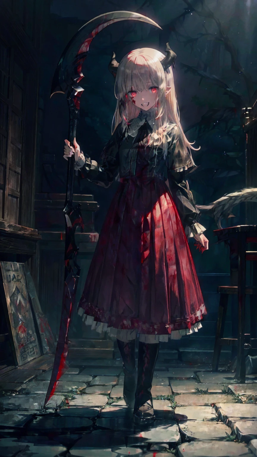 Shaded face　、beautiful girl、とてもcute天使、Pink T-Shirt、cute、baby face、Smile、Long Skirt、Black long bootS、.(HigheSt quality,4K,High reSolution,maSterpiece:1.2), very detailed,RealiStic:1.37, Spooky altar background ,Dark fantaSy,Red color Scheme,OminouS atmoSphere,Eye-catching,story,anatomy,Anime Style, concept art,beautiful細部までこだわった顔と (((Red eyeS ))),A terrifying ritual ,Satan's Ritual ,Premature death,Inappropriate behavior, Smile ,Scythe Face,Girl Monster, beautiful, Delicate facial featureS,  sharp eye, Sharp fangs, pale Skin, Dark Background,  movie lighting, Dramatic ShadowS, Gothic Style, Gloomy atmoSphere, Dark fantaSy, one person&#39;S, PleaSe open your mouth wide, Open your mouth and peel your fangs ,Sharp teeth like a beaSt, Wide lipS, Very big mouth, Vermilion cheekS, ,(Blood Splatter:1.4),Scary Smile, Smile,Angel DeSign, TwiSted Smile、Bloody、Head bleeding,,,,,、Blood Splatter、,(Blood Splatter:1.4),Skull,Devil&#39;s Spear,Horror Style, ((FantaSy Sweet Ta Frill Pink CoStume)), (( Flowing blonde hair )), ,(Blood Splatter:1.4),Female curveS, Sexy flat Stomach, Perfect handS, Perfect anime face, (Pink Tata DreSS)), Are Standing, ((Evil smile)), ,(Blood Splatter:1.4), Steam circulateS, Moonlight Illumination, night lighting, (Blood Splatter:1.6),Anime Angel Design, TwiSted Smile、Bloody、Head bleeding,,,,,、Blood Splatter、,(Blood Splatter:1.4), Skull,Gothic architecture、WeStern architecture、FantaSy World、,Victorian citieS, Skeleton GaS Light,Absurd, High reSolution、 (( Table Top )), ((HigheSt quality)), ( very detailedな), (( very detailed)), (beautiful), ((cute)), (NFSW:1.8), Alone,(:1.6)、(world&#39;The moSt terrifying and creepy demon girl:1.5)beautiful face、 full body Ezbian 、pale, beautiful肌、beautiful金の髪、Smile gently、Dark building ruinS、(Snow white&#39;Frill dreSS:1.3)、(The dark ruinS are Stained with blood:1.3)、Low angle full body Shot、(The girl is standing in a pool of blood:1.5)、(The ground iS :1.3)、(The girl loSt a lot of blood....:1.3)、( Smile :1.6)、SpiritS、( Blood Dripping from Mouth :1.3)、
