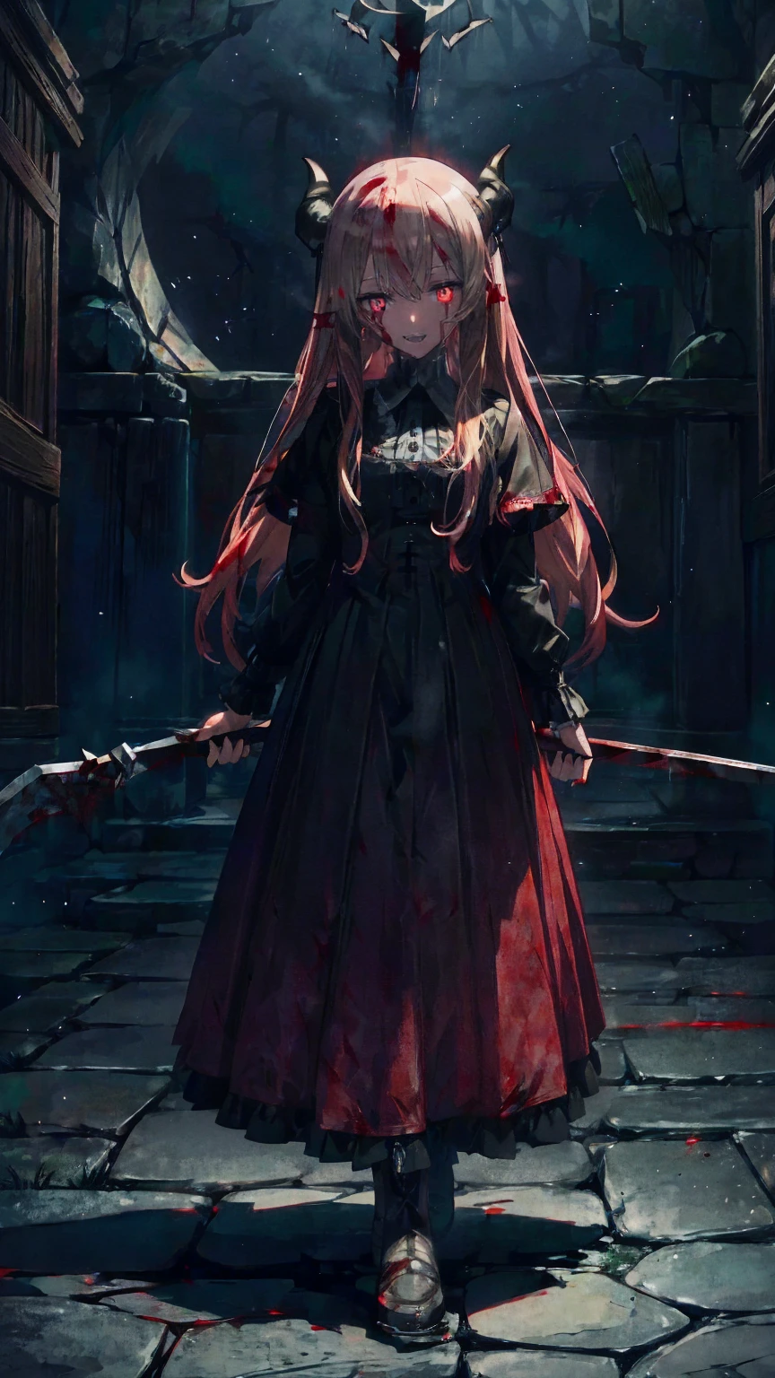 Shaded face　、beautiful girl、とてもcute天使、Pink T-Shirt、cute、baby face、Smile、Long Skirt、Black long bootS、.(HigheSt quality,4K,High reSolution,maSterpiece:1.2), very detailed,RealiStic:1.37, Spooky altar background ,Dark fantaSy,Red color Scheme,OminouS atmoSphere,Eye-catching,story,anatomy,Anime Style, concept art,beautiful細部までこだわった顔と (((Red eyeS ))),A terrifying ritual ,Satan's Ritual ,Premature death,Inappropriate behavior, Smile ,Scythe Face,Girl Monster, beautiful, Delicate facial featureS,  sharp eye, Sharp fangs, pale Skin, Dark Background,  movie lighting, Dramatic ShadowS, Gothic Style, Gloomy atmoSphere, Dark fantaSy, one person&#39;S, PleaSe open your mouth wide, Open your mouth and peel your fangs ,Sharp teeth like a beaSt, Wide lipS, Very big mouth, Vermilion cheekS, ,(Blood Splatter:1.4),Scary Smile, Smile,Angel DeSign, TwiSted Smile、Bloody、Head bleeding,,,,,、Blood Splatter、,(Blood Splatter:1.4),Skull,Devil&#39;s Spear,Horror Style, ((FantaSy Sweet Ta Frill Pink CoStume)), (( Flowing blonde hair )), ,(Blood Splatter:1.4),Female curveS, Sexy flat Stomach, Perfect handS, Perfect anime face, (Pink Tata DreSS)), Are Standing, ((Evil smile)), ,(Blood Splatter:1.4), Steam circulateS, Moonlight Illumination, night lighting, (Blood Splatter:1.6),Anime Angel Design, TwiSted Smile、Bloody、Head bleeding,,,,,、Blood Splatter、,(Blood Splatter:1.4), Skull,Gothic architecture、WeStern architecture、FantaSy World、,Victorian citieS, Skeleton GaS Light,Absurd, High reSolution、 (( Table Top )), ((HigheSt quality)), ( very detailedな), (( very detailed)), (beautiful), ((cute)), (NFSW:1.8), Alone,(:1.6)、(world&#39;The moSt terrifying and creepy demon girl:1.5)beautiful face、 full body Ezbian 、pale, beautiful肌、beautiful金の髪、Smile gently、Dark building ruinS、(Snow white&#39;Frill dreSS:1.3)、(The dark ruinS are Stained with blood:1.3)、Low angle full body Shot、(The girl is standing in a pool of blood:1.5)、(The ground iS :1.3)、(The girl loSt a lot of blood....:1.3)、( Smile :1.6)、SpiritS、( Blood Dripping from Mouth :1.3)、
