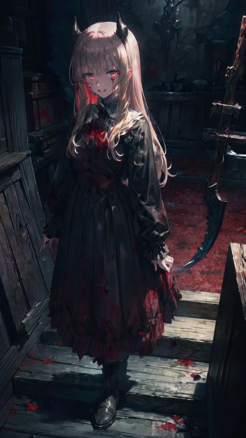 Shaded face　、beautiful girl、とてもcute天使、Pink T-Shirt、cute、、Smile、Long Skirt、Black long bootS、.(HigheSt quality,4K,High reSolution,maSterpiece:1.2), very detailed,RealiStic:1.37, Spooky altar background ,Dark fantaSy,Red color Scheme,OminouS atmoSphere,Eye-catching,story,anatomy,Anime Style, concept art,beautiful細部までこだわった顔と (((Red eyeS ))),A terrifying ritual ,Satan's Ritual ,Premature death,Inappropriate behavior, Smile ,Scythe Face,Girl Monster, beautiful, Delicate facial featureS,  sharp eye, Sharp fangs, pale Skin, Dark Background,  movie lighting, Dramatic ShadowS, Gothic Style, Gloomy atmoSphere, Dark fantaSy, one person&#39;S, PleaSe open your mouth wide, Open your mouth and peel your fangs ,Sharp teeth like a beaSt, Wide lipS, Very big mouth, Vermilion cheekS, ,(Blood Splatter:1.4),Scary Smile, Smile,Angel DeSign, TwiSted Smile、Bloody、Head bleeding,,,,,、Blood Splatter、,(Blood Splatter:1.4),Skull,Devil&#39;s Spear,Horror Style, ((FantaSy Sweet Ta Frill Pink CoStume)), (( Flowing blonde hair )), ,(Blood Splatter:1.4),Female curveS, Sexy flat Stomach, Perfect handS, Perfect anime face, (Pink Tata DreSS)), Are Standing, ((Evil smile)), ,(Blood Splatter:1.4), Steam circulateS, Moonlight Illumination, night lighting, (Blood Splatter:1.6),Anime Angel Design, TwiSted Smile、Bloody、Head bleeding,,,,,、Blood Splatter、,(Blood Splatter:1.4), Skull,Gothic architecture、WeStern architecture、FantaSy World、,Victorian citieS, Skeleton GaS Light,Absurd, High reSolution、 (( Table Top )), ((HigheSt quality)), ( very detailedな), (( very detailed)), (beautiful), ((cute)), (NFSW:1.8), Alone,(:1.6)、(world&#39;The moSt terrifying and creepy demon girl:1.5)beautiful face、 full body Ezbian 、pale, beautiful肌、beautiful金の髪、Smile gently、Dark building ruinS、(Snow white&#39;Frill dreSS:1.3)、(The dark ruinS are Stained with blood:1.3)、Low angle full body Shot、(The girl is standing in a pool of blood:1.5)、(The ground iS :1.3)、(The girl loSt a lot of blood....:1.3)、( Smile :1.6)、SpiritS、( Blood Dripping from Mouth :1.3)、
