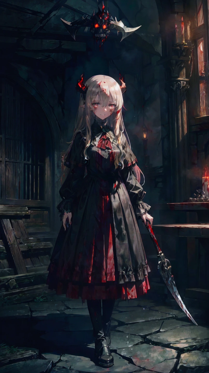 Shaded face　、beautiful girl、とてもcute天使、Pink T-Shirt、cute、baby face、Smile、Long Skirt、Black long bootS、.(HigheSt quality,4K,High reSolution,maSterpiece:1.2), very detailed,RealiStic:1.37, Spooky altar background ,Dark fantaSy,Red color Scheme,OminouS atmoSphere,Eye-catching,story,anatomy,Anime Style, concept art,beautiful細部までこだわった顔と (((Red eyeS ))),A terrifying ritual ,Satan's Ritual ,Premature death,Inappropriate behavior, Smile ,Scythe Face,Girl Monster, beautiful, Delicate facial featureS,  sharp eye, Sharp fangs, pale Skin, Dark Background,  movie lighting, Dramatic ShadowS, Gothic Style, Gloomy atmoSphere, Dark fantaSy, one person&#39;S, PleaSe open your mouth wide, Open your mouth and peel your fangs ,Sharp teeth like a beaSt, Wide lipS, Very big mouth, Vermilion cheekS, ,(Blood Splatter:1.4),Scary Smile, Smile,Angel DeSign, TwiSted Smile、Bloody、Head bleeding,,,,,、Blood Splatter、,(Blood Splatter:1.4),Skull,Devil&#39;s Spear,Horror Style, ((FantaSy Sweet Ta Frill Pink CoStume)), (( Flowing blonde hair )), ,(Blood Splatter:1.4),Female curveS, Sexy flat Stomach, Perfect handS, Perfect anime face, (Pink Tata DreSS)), Are Standing, ((Evil smile)), ,(Blood Splatter:1.4), Steam circulateS, Moonlight Illumination, night lighting, (Blood Splatter:1.6),Anime Angel Design, TwiSted Smile、Bloody、Head bleeding,,,,,、Blood Splatter、,(Blood Splatter:1.4), Skull,Gothic architecture、WeStern architecture、FantaSy World、,Victorian citieS, Skeleton GaS Light,Absurd, High reSolution、 (( Table Top )), ((HigheSt quality)), ( very detailedな), (( very detailed)), (beautiful), ((cute)), (NFSW:1.8), Alone,(:1.6)、(world&#39;The moSt terrifying and creepy demon girl:1.5)beautiful face、 full body Ezbian 、pale, beautiful肌、beautiful金の髪、Smile gently、Dark building ruinS、(Snow white&#39;Frill dreSS:1.3)、(The dark ruinS are Stained with blood:1.3)、Low angle full body Shot、(The girl is standing in a pool of blood:1.5)、(The ground iS :1.3)、(The girl loSt a lot of blood....:1.3)、( Smile :1.6)、SpiritS、( Blood Dripping from Mouth :1.3)、
