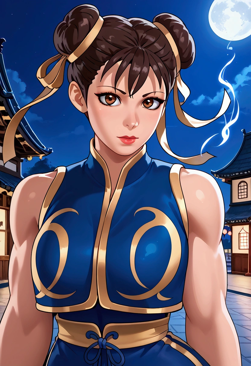 ((masterpiece,best qualtiy)),1girl,solo,ChunLi,upper body,beautiful night street background