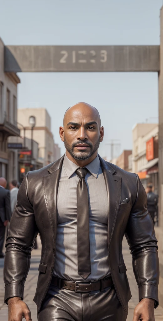 photo of muscular (39y.o bald African American bearded ) in a worn ((wearing a zegna business suit and tie, mixed-up with leather fabric:1.2, shirt, jacket, pants, belt)), big pecs, big arms, large bulge, ((light bokeh)), intricate, (steel metal [rust]), elegant, erotic, exuding sexual energy, homoerotic, sharp focus, photo by greg rutkowski, soft lighting, vibrant colors, (masterpiece), ((streets)), (detailed face), looking at viewer,