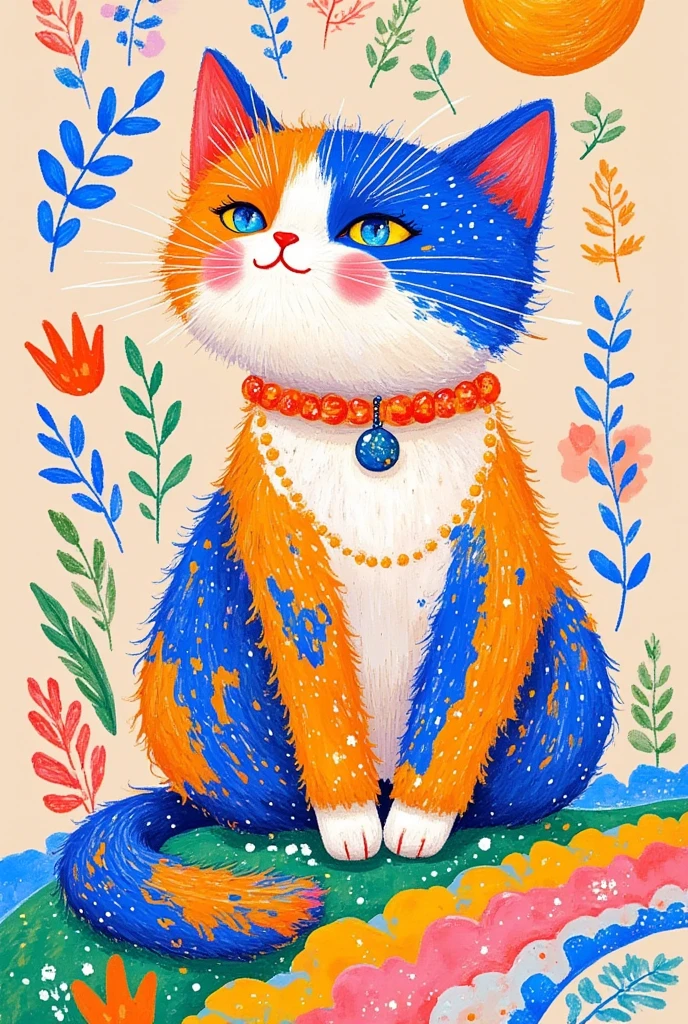 pretty illustration of cat, bright rustic palette, in the style of bold block prints, alice pattullo, Laurie hastings, claire halifax, soft, fauvist color explosions, miniature and small, paintings, stenciled iconography