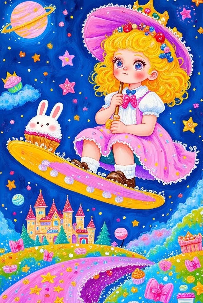 Alice in wonderland , she has very beautiful face,cupcake queen with big eyes and lashes wearing a pink dress riding on  time machine made of chocolate praline, holding an umbrella over her head, walking the path to Wonderland's castle, a small white rabbit is standing beside them, she has an eye patch, in the style of Michael Cheval, a surrealistic pop art painting