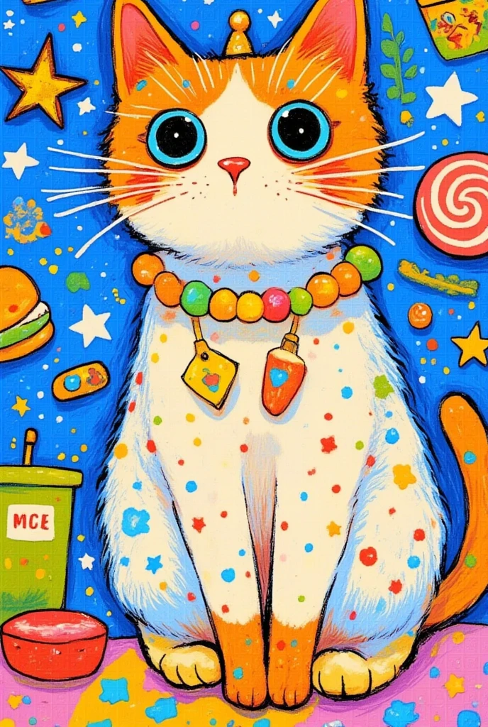 pretty illustration of cat, bright rustic palette, in the style of bold block prints, alice pattullo, Laurie hastings, claire halifax, soft, fauvist color explosions, miniature and small, paintings, stenciled iconography